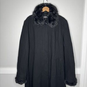 DONNYBROOK Women Size 16 Long Full Length Wool Coat Faux Fur Trim Black